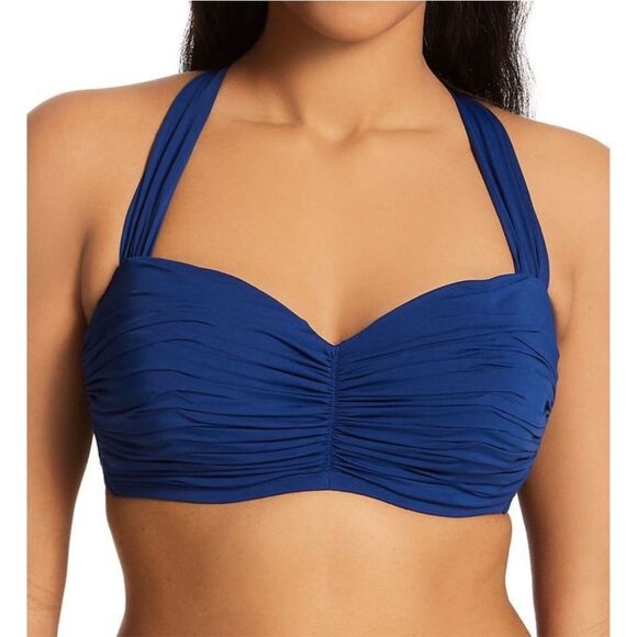 NWT Bleu Rod Beattie | Navy Kore Shirred Underwire Bandeau Bikini Swim Top 34D - Picture 1 of 5